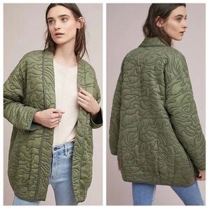 Anthropologie | Quilted Olive Green Open Front Jacket